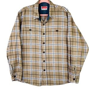 Wrangler Premium Quality Mens XL Tan Plaid Long Sleeve Button Down Cotton Shirt